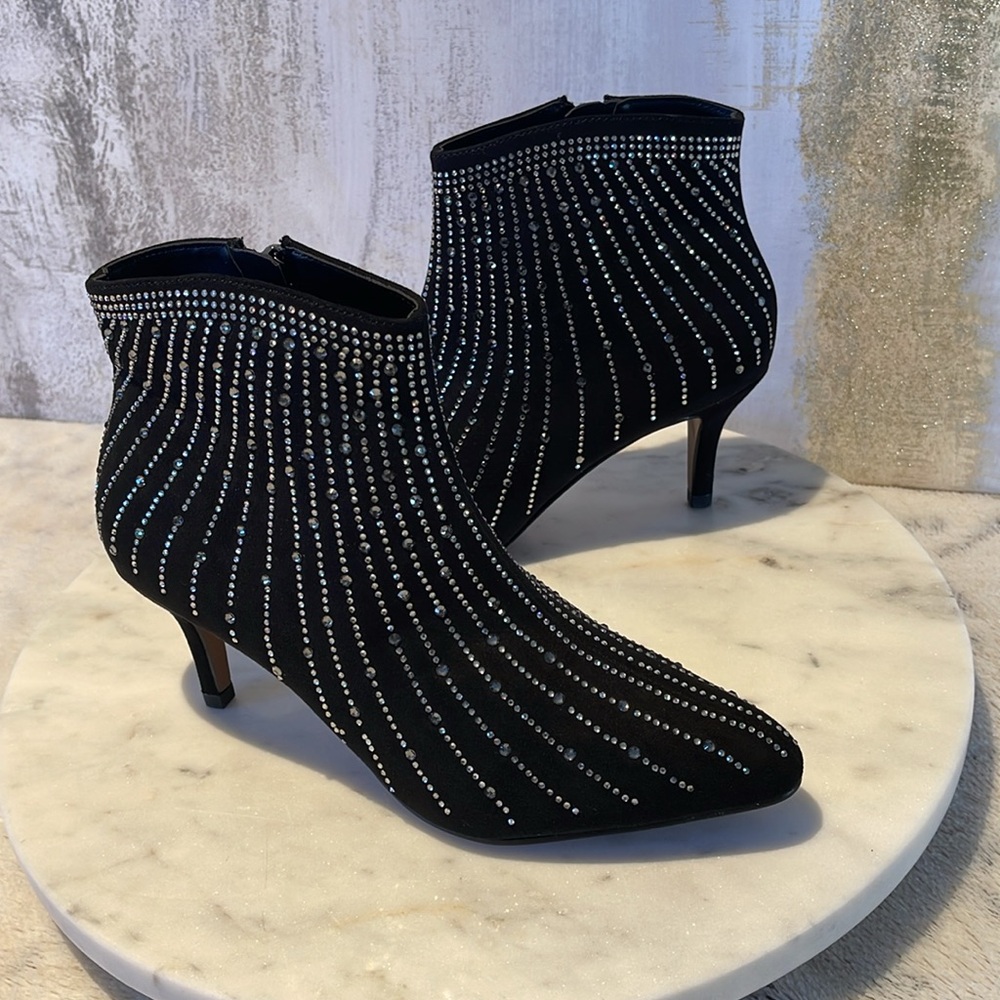 J. Renee ALANNIS BLACK SUEDE/STONES Black Rhinestone Stiletto Ankle Boots  (6) 🥰